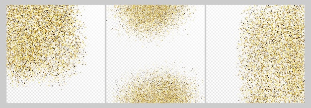 Conjunto de tres telones de fondo de confeti de brillo dorado aislados en fondos transparentes blancos Textura de celebración con efecto de luz brillante Ilustración vectorial
