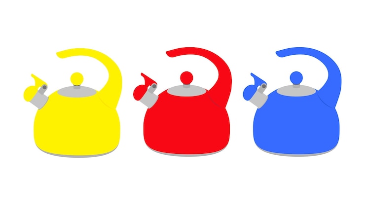 Vector un conjunto de tres teteras brillantes en colores amarillo rojo y azul una tetera vectorial con un silbido