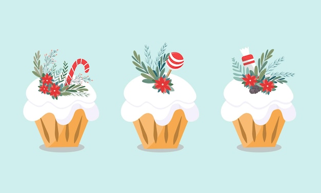 Vector conjunto de tres tortas navideñas. los deliciosos pasteles están decorados con dulces, flores y hojas. diseño para mercado navideño, tienda de alimentos. ilustración vectorial