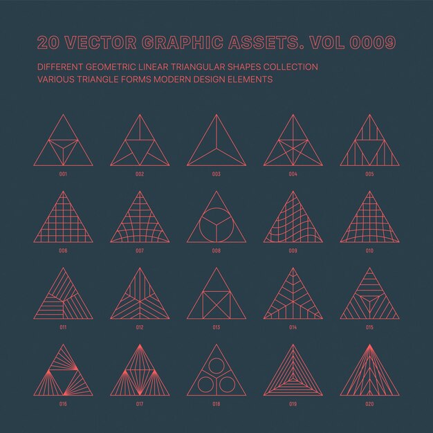 Conjunto de triángulos geométricos de varios contornos de activos gráficos vectoriales aislados en la parte posterior