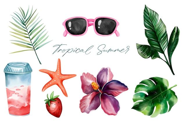 Conjunto tropical de acuarela dibujado a mano clipart de verano elementos de verano flores exóticas hojas de palma