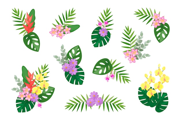 Vector conjunto tropical de arreglos florales dibujados a mano