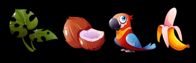 Conjunto tropical de loro, coco, plátano y hojas de palma Ilustraciones de dibujos animados aislados
