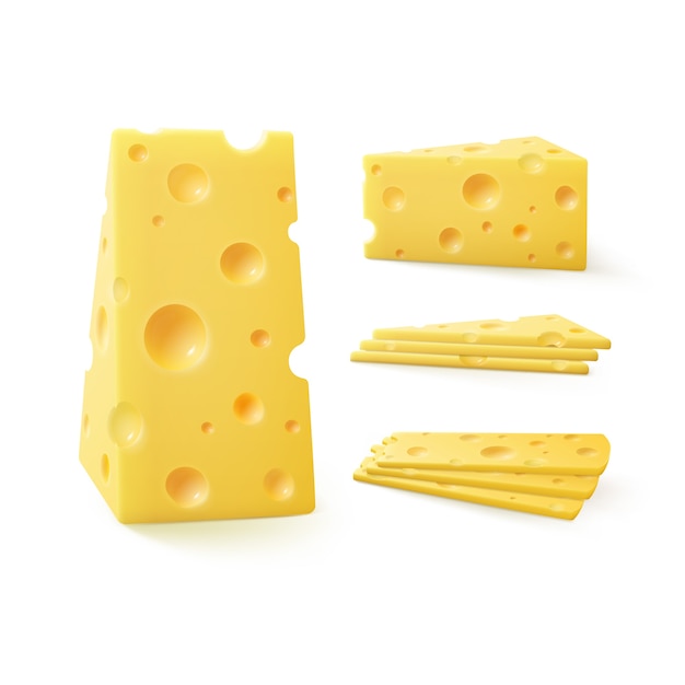 Vector conjunto de trozos triangulares de queso suizo cerca aislado