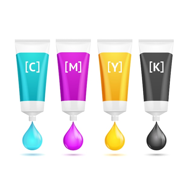 Conjunto de tubos de pintura de colores concepto de impresión cmyk. ilustración vectorial