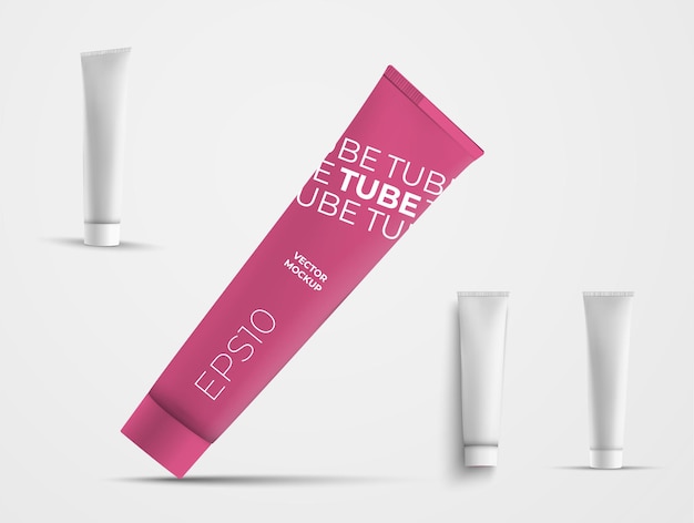 Conjunto de tubos de plástico de vector para productos para el cuidado de la piel. Plantilla de paquete sobre un fondo blanco con sombras. Maqueta de cajas para presentación de diseño y publicidad en la tienda online.