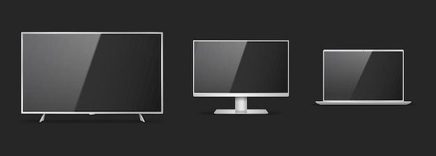 Conjunto de tv inteligente realista, monitor de computadora y dispositivos portátiles con pantallas vacías sobre fondo negro. maquetas de monitores de gadgets modernos. ilustración vectorial