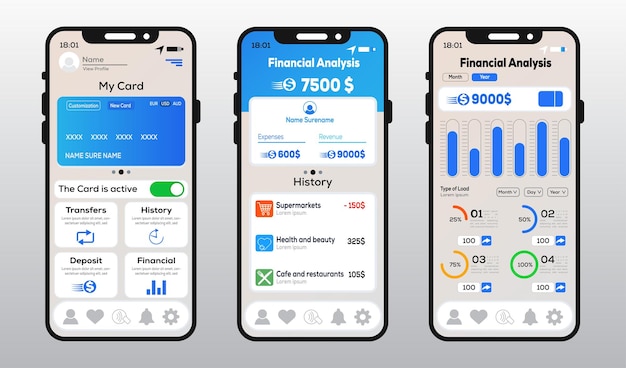 Conjunto de UI, UX y GUI de aplicaciones de banca móvil en línea