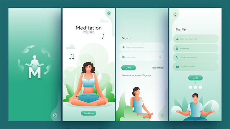 Vector conjunto de ui, ux, gui screens aplicación de música de meditación que incluye inicio de sesión
