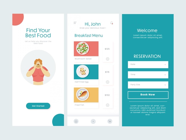 Conjunto de UI UX GUI Screens Food App, incluida la reserva del menú de inicio para publicidad