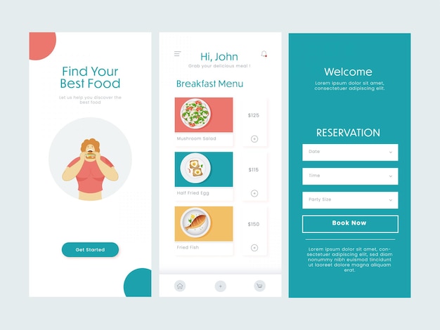 Conjunto de ui ux gui screens food app, incluida la reserva del menú de inicio para publicidad
