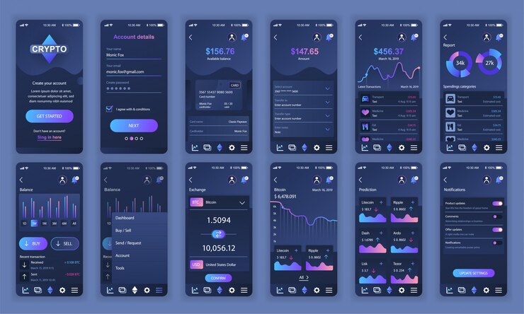 Vector conjunto de ui, ux, pantallas gui cryptocurrency aplicación plana