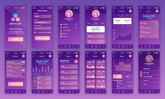 Conjunto de ui, ux, pantallas gui cryptocurrency aplicación plana