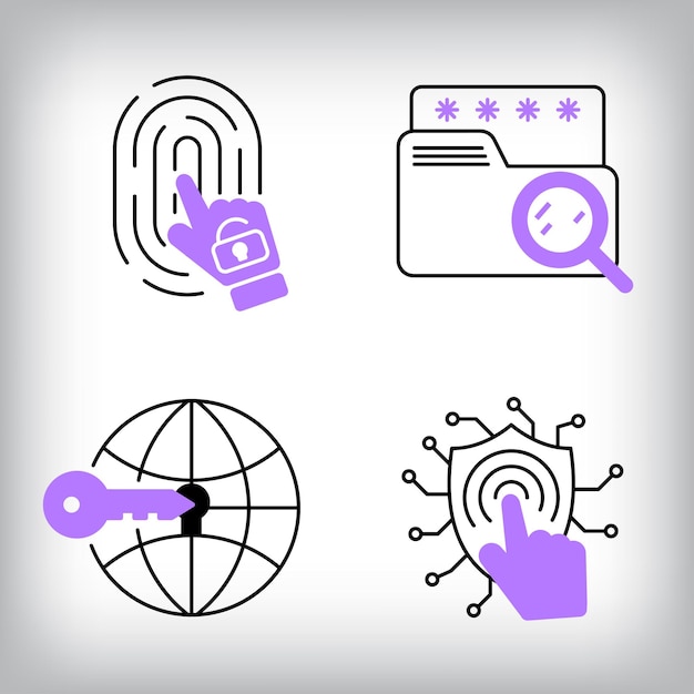 Conjunto único de 4 íconos de seguridad de huellas dactilares y archivos de tecnología web Conjunto de seguridad de datos y persona