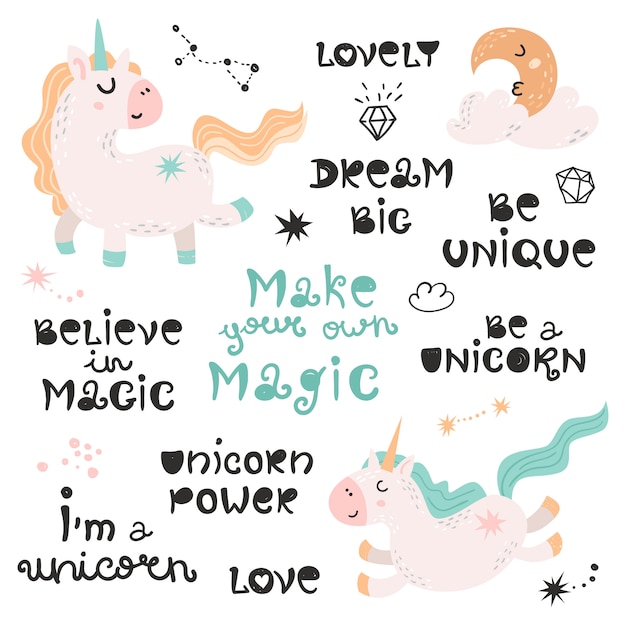 Conjunto de unicornios y frases de letras