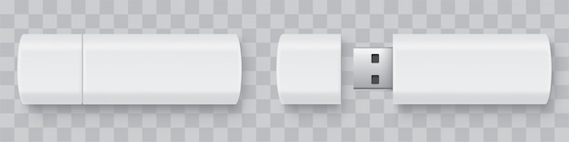 Conjunto de unidad flash realista, abierto y cerrado. Blanco con sombra sobre fondo blanco.