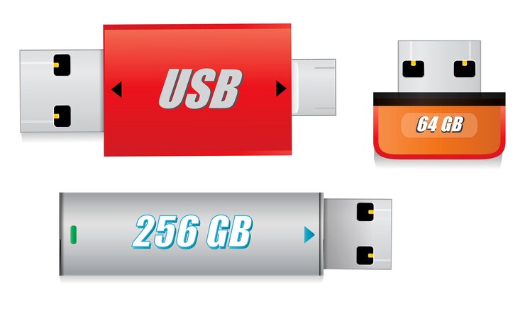 Vector conjunto de unidad usb de pluma en blanco aislada o plantilla de unidad flash usb para marca promocional o flash