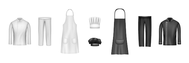 Conjunto de uniforme de chef cocinero Maqueta realista en blanco y negro de elementos de ropa de trabajo culinarios