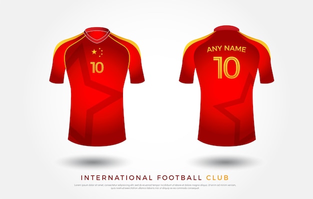Conjunto de uniforme de diseno de camiseta de futbol. camiseta de futbol roja y amarilla Vector Premium