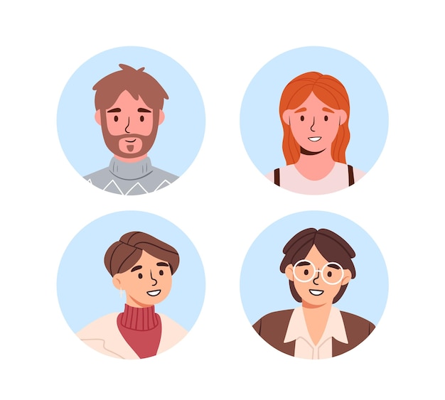 Conjunto de usuarios avatares concepto Hombres y mujeres de diferentes culturas Generaciones y géneros para redes sociales Sociedad y unidad Colección de vectores planos de dibujos animados aislados en fondo blanco