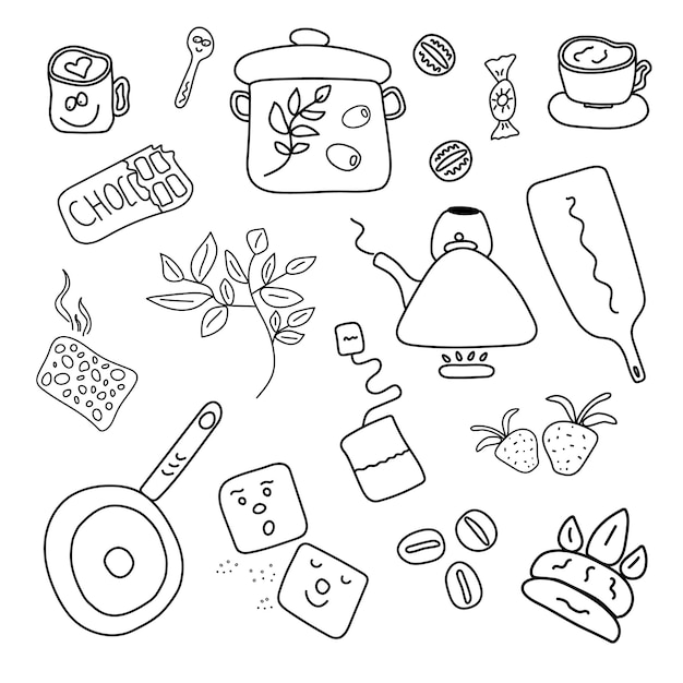 Conjunto de utensilios de cocina y alimentos.