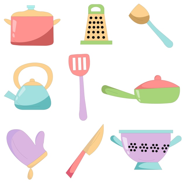 Conjunto de utensilios de cocina de color vectorial Herramientas de cocina Conjunto de utensilios de cocina Iconos ollas de cocina