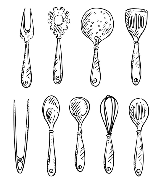 Conjunto de utensilios de cocina, dibujo vectorial de línea