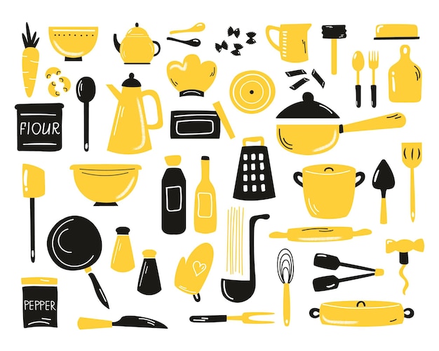 Conjunto de utensilios de cocina hechos a mano, equipo. Colección de garabatos de cocina.