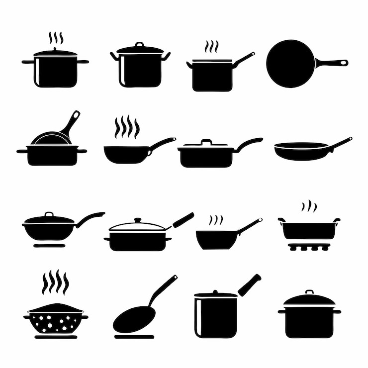 Vector un conjunto de utensilios de cocina y ollas en blanco y negro