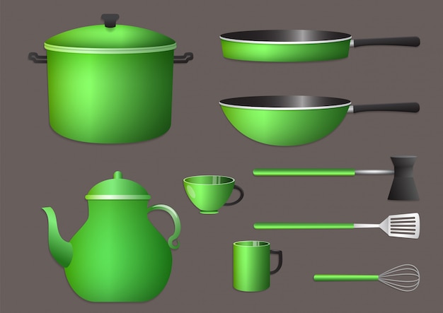 Conjunto de utensilios de cocina verde realista.