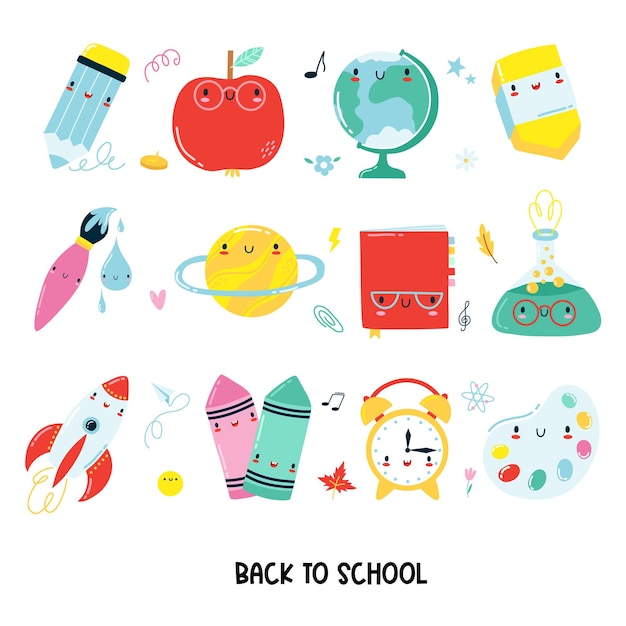 Vector conjunto de útiles escolares de dibujos animados kawaii carácter vectorial de regreso a la escuela sobre fondo blanco
