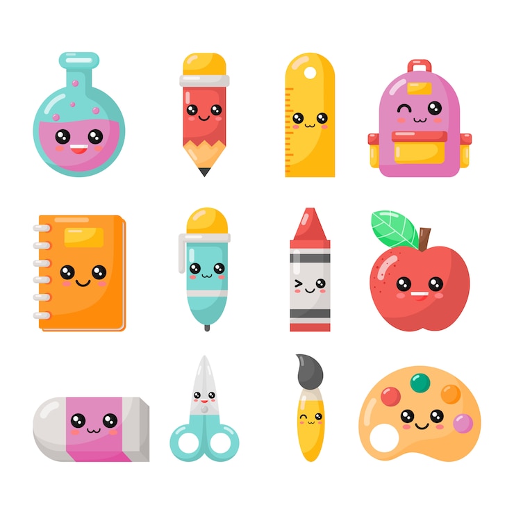 Conjunto de útiles escolares de dibujos animados kawaii. regreso a la escuela aislado