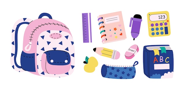 Vector conjunto de útiles escolares de estudio, mochila, lápiz, regla, calculadora, libro abc, cuaderno con pegatinas