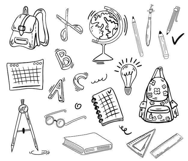 Conjunto de útiles escolares. De vuelta a la escuela. Globo, libros de texto, lápices, cuadernos, cartas, brújulas y mochilas. Bueno para envolver papel y fondos de pantalla de sitios web. Ilustración de vector de garabato dibujado a mano.