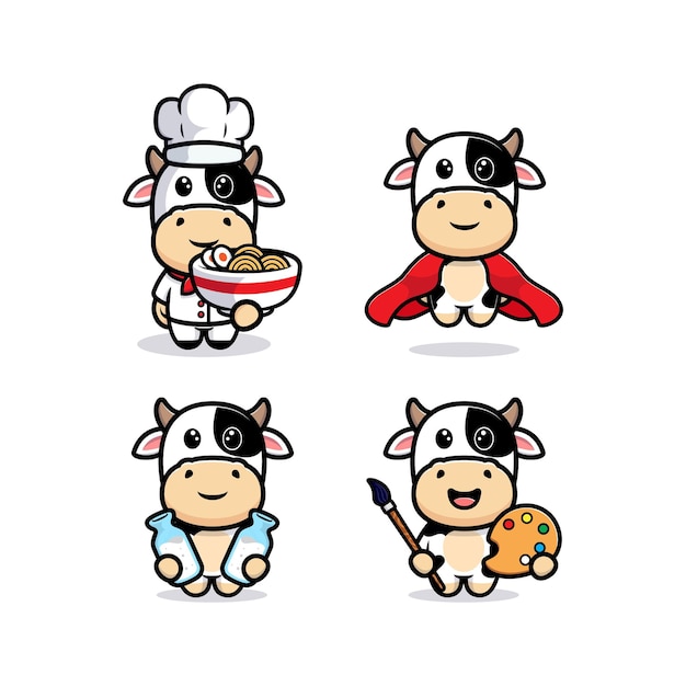 Conjunto de vaca linda con diferentes poses. ilustración de personaje animal