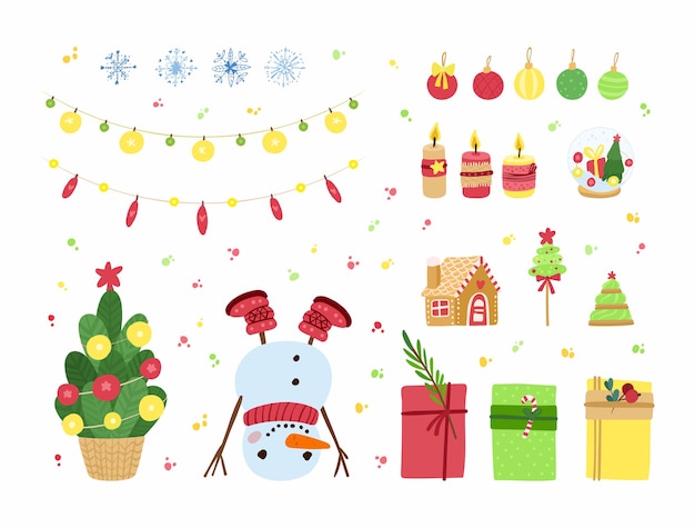 Conjunto de vacaciones de año nuevo y navidad. abeto decorado, juguetes de cristal, guirnaldas, cajas de regalo, regalos