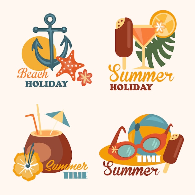 Vector conjunto de vacaciones en la playa y elementos de verano ilustraciones en estilo plano