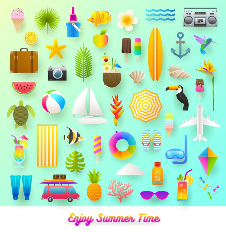 Vector conjunto de vacaciones de verano y artículos de viaje ilustración de estilo plano