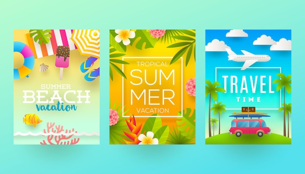 Vector conjunto de vacaciones de verano y carteles de vacaciones tropicales o tarjetas de felicitación.