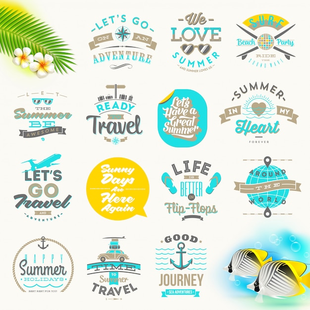 Vector conjunto de vacaciones de verano y diseño de tipo de viaje