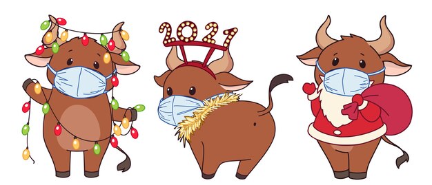 Conjunto de vacas de dibujos animados lindo con máscara médica y traje de Navidad.