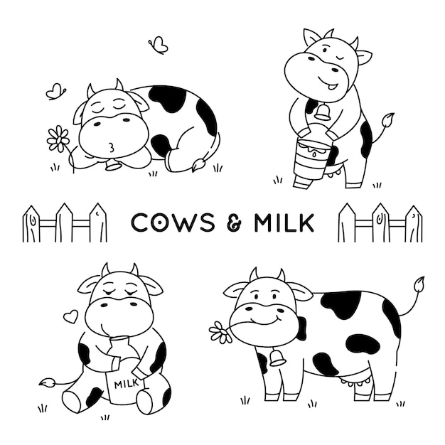 Conjunto de vacas de doodle en varias poses aisladas