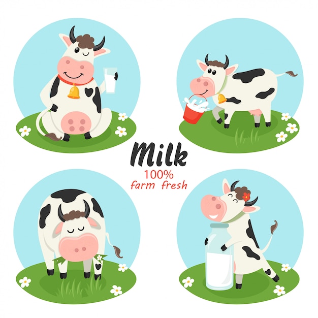 Conjunto de vacas de granja con botella de leche.