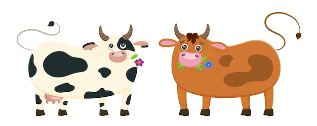 Conjunto de vacas masticando hierba aislado en animales de granja de fondo blanco Animales divertidos de dibujos animados Lindos animales domésticos en estilo de dibujos animados vaca y toro Pegatina de ganado de mamífero Ilustración de vector plano