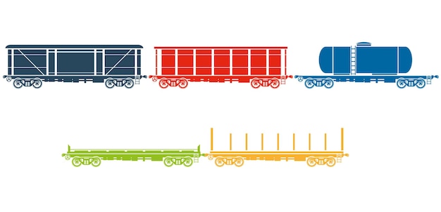 Conjunto de vagones de carga ferroviarios - vagones - ilustración vectorial