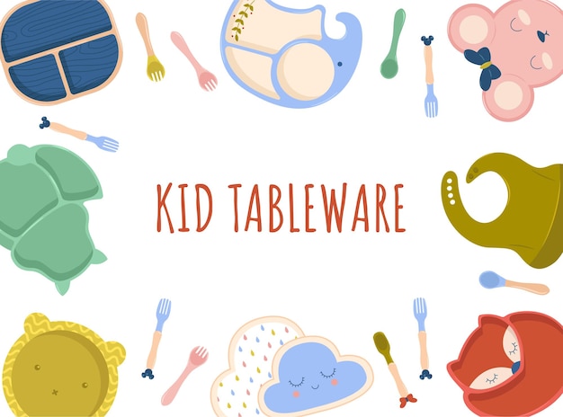 Vector conjunto de vajilla para niños, platos planos de diseño vectorial, conjunto de vajilla de silicona para bebés