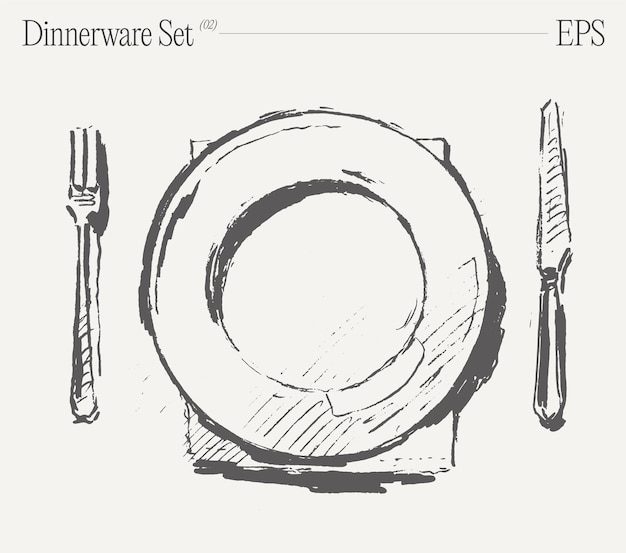 El conjunto de vajilla vista superior del tenedor y el cuchillo del plato en la mesa ilustración vectorial dibujada a mano