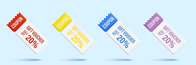Conjunto de vales de descuento 3d 20 cupones de descuento Valor de regalo es rojo azul amarillo y púrpura Vector diseño de cupón realista para grandes ventas oferta especial y valor de descuento Ilustración vectorial