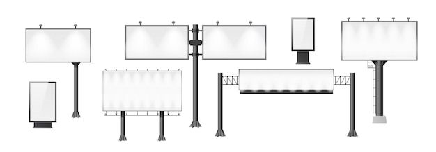 Conjunto de vallas publicitarias. maqueta de publicidad diferente, construcción vacía de señalización en blanco para anuncios callejeros al aire libre. banners verticales y horizontales. ilustración vectorial 3d