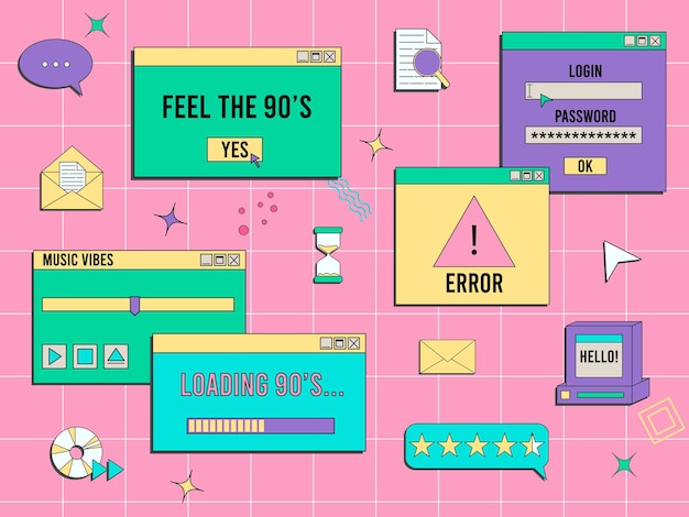 Conjunto de vaporwave ui y ux elementos pc marco de juego retro estilo nostálgico 70s 80s 90s